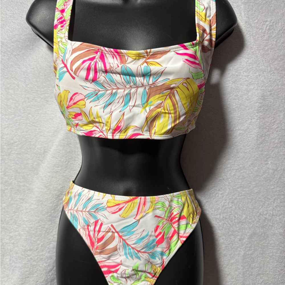 Tropical Leaf Print Two-Piece Swimsuit - White Base with Pink, Yellow & Teal